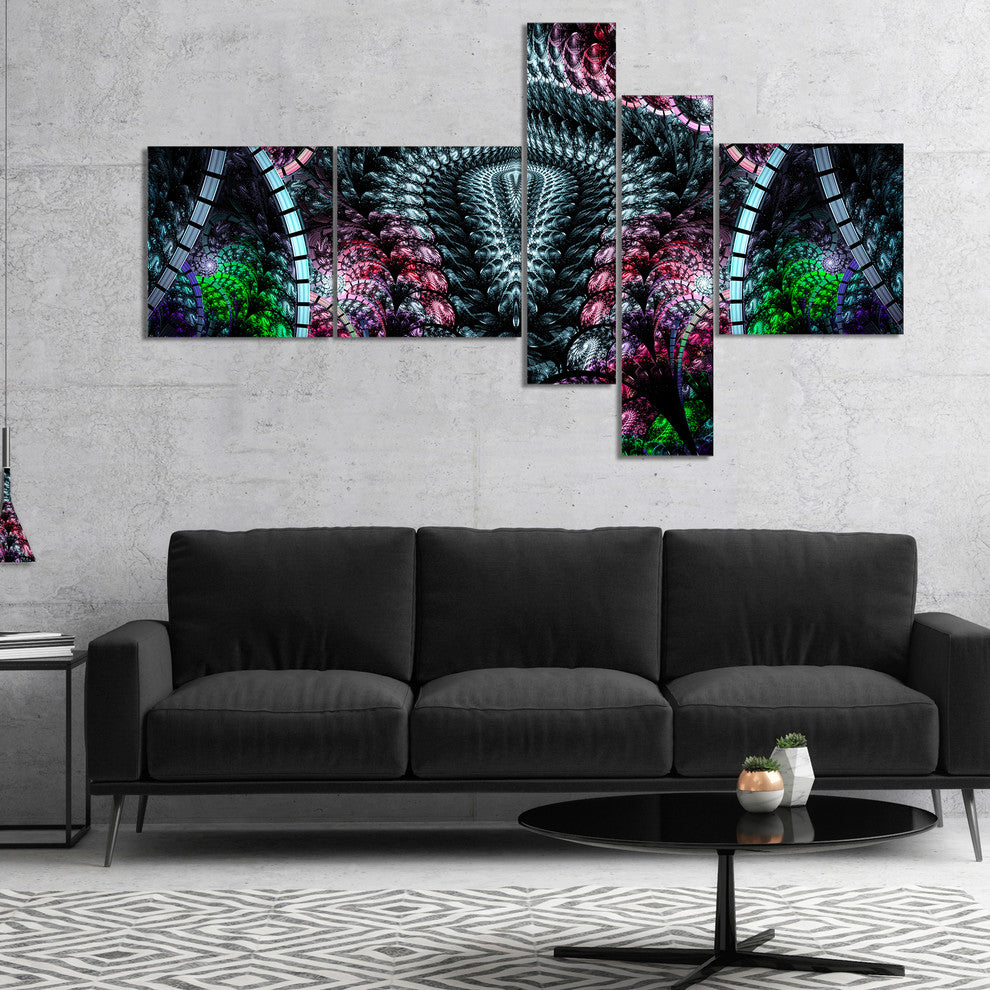 Strange Fractal Design on Black, Abstract Wall Art Canvas, 60"x32", 5 panels