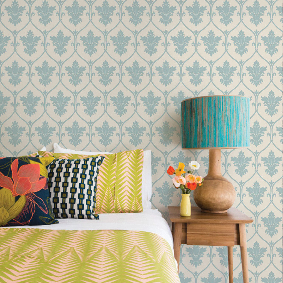 Damask Wallpaper, Peel and Stick, Dusky Blue, 24"w X 60"h