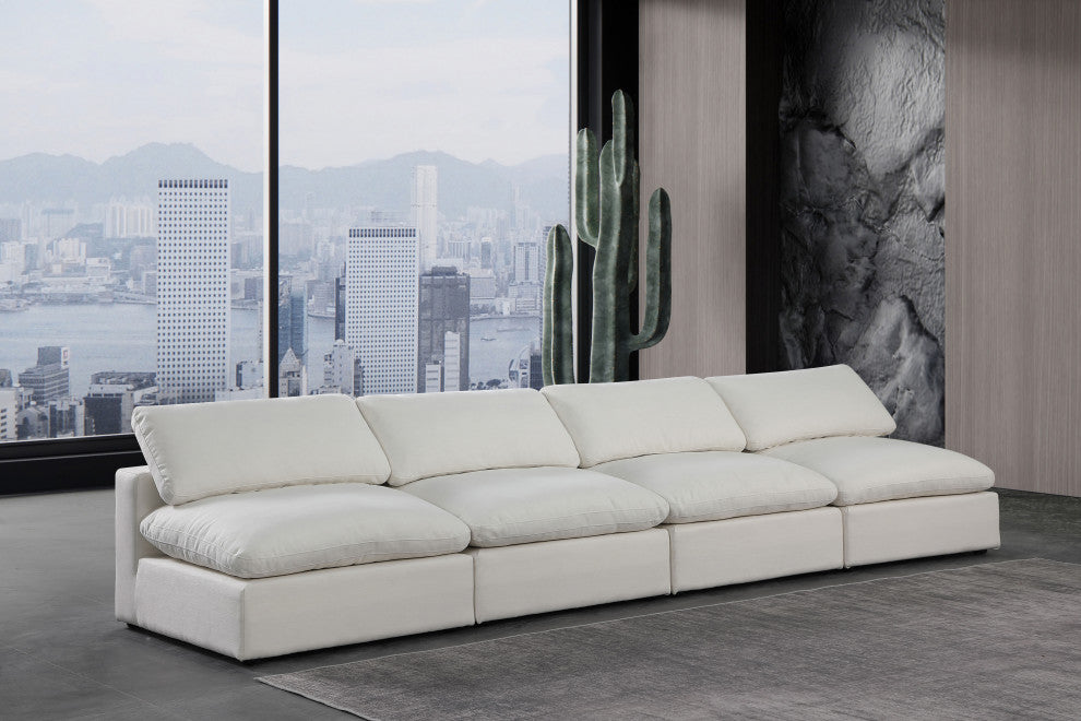 Comfy Upholstered Modular Sofa, Cream, 4-Piece: 4 Armless Chair, Linen Textured Fabric