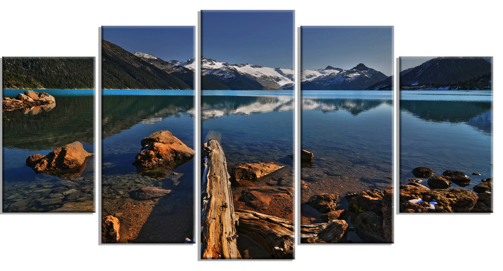 Logs in Mountain Lake, Landscape Canvas Print, 60"x32", 5 Panels