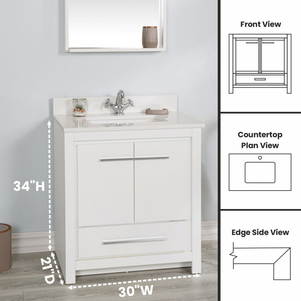 Mila Collection 30" Bathroom Vanity With Sink, Mirror, Countertop, Snow White