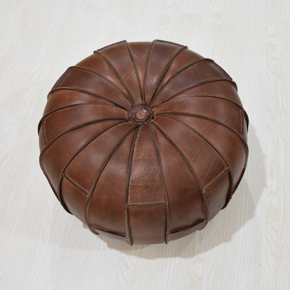 Solid Handmade Leather Pouf Brown, 21x21x12