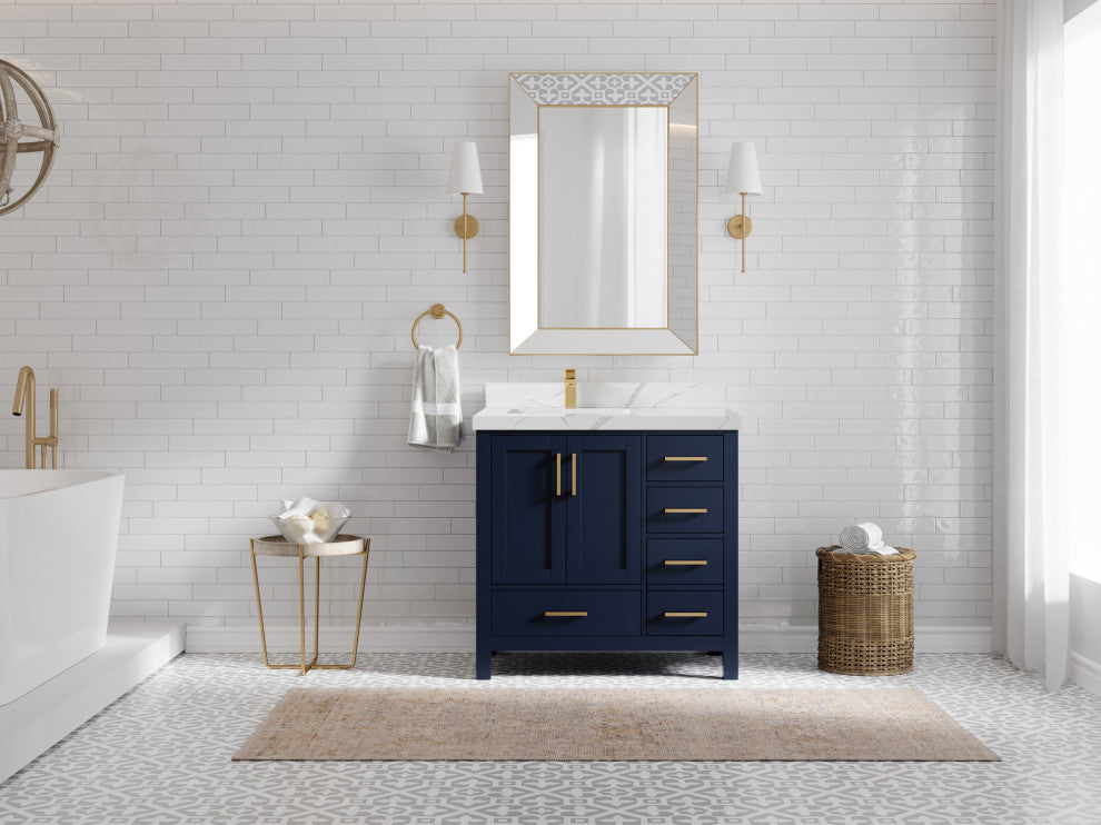 Malibu 36 Left Offset Bath Vanity in Navy Blue 2" Calacatta Laza