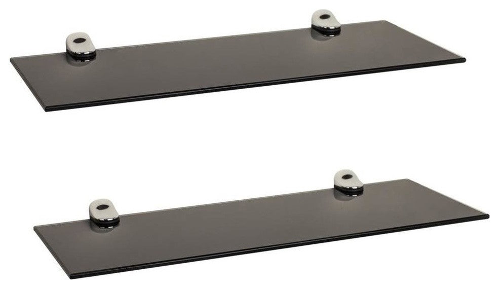 16"x6" Glass Floating Shelves With Chrome Brackets, Set of 2 , Black