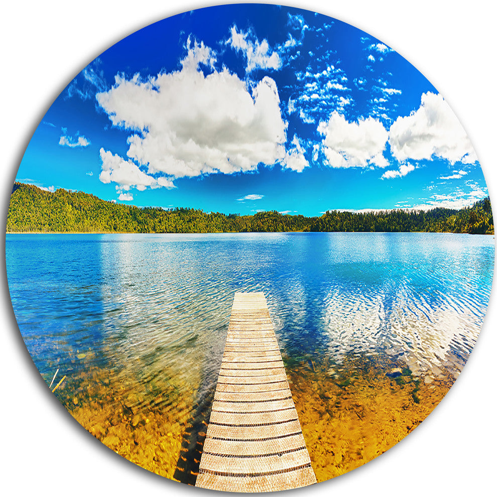 Lake With Pier Panorama, Photography Round Metal Wall Art, 23"