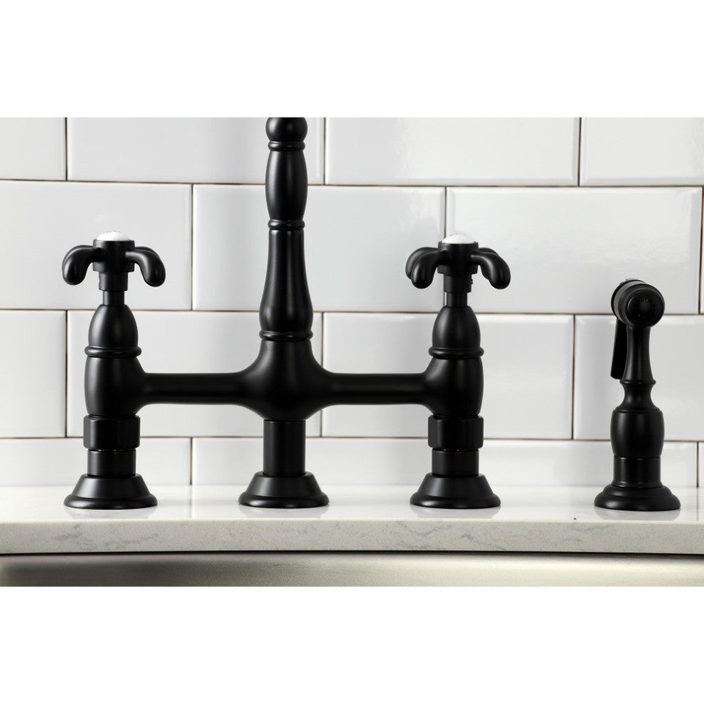 KS1270TXBS French Country Bridge Kitchen Faucet With Brass Sprayer, Matte Black