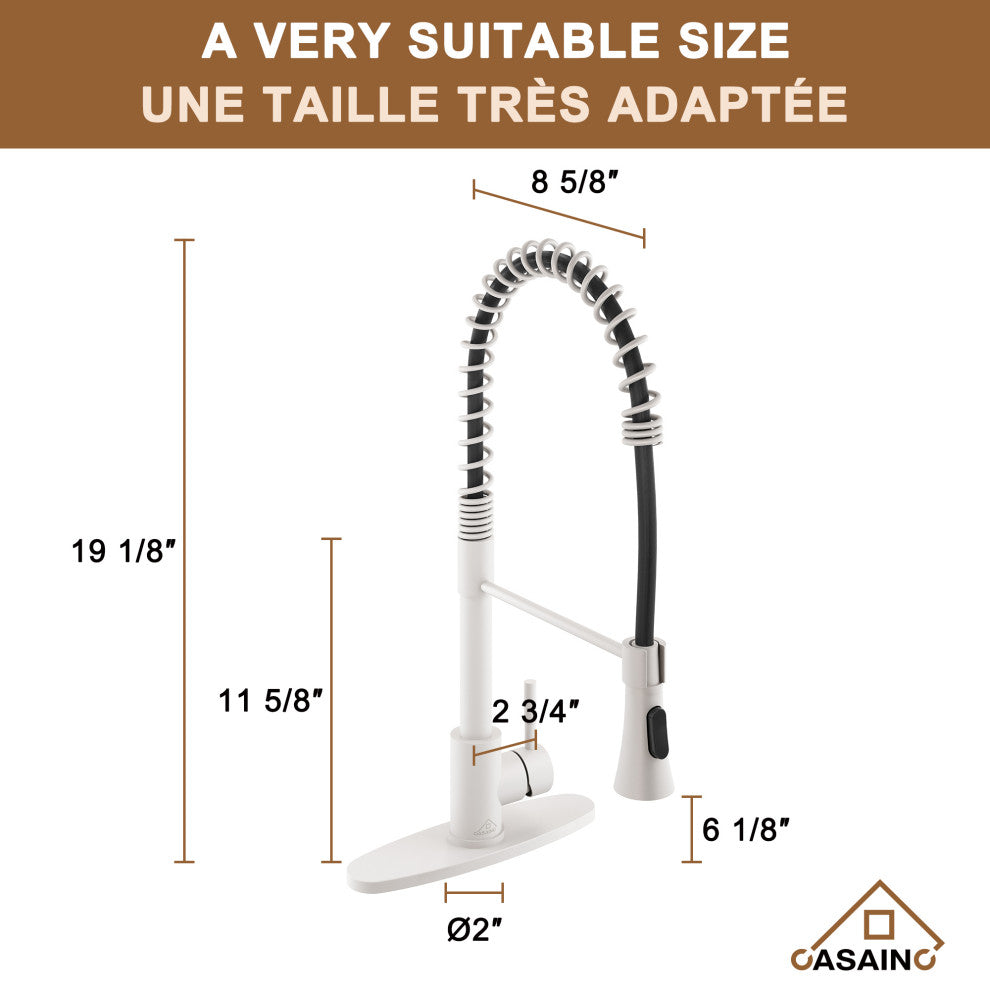 Spring Standard Kitchen Faucet with Dual-Function Spray Head and Deck Plate, Matte White