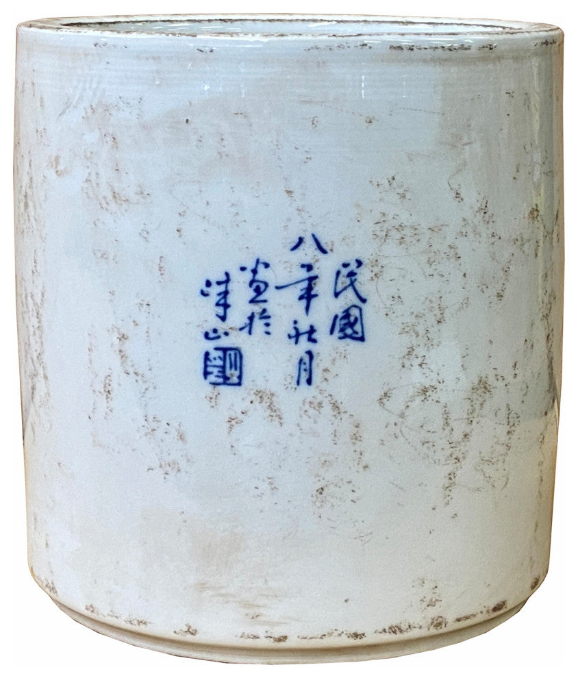 Chinese Distressed White Porcelain Blue Scenery Graphic Holder Vase Hws1844