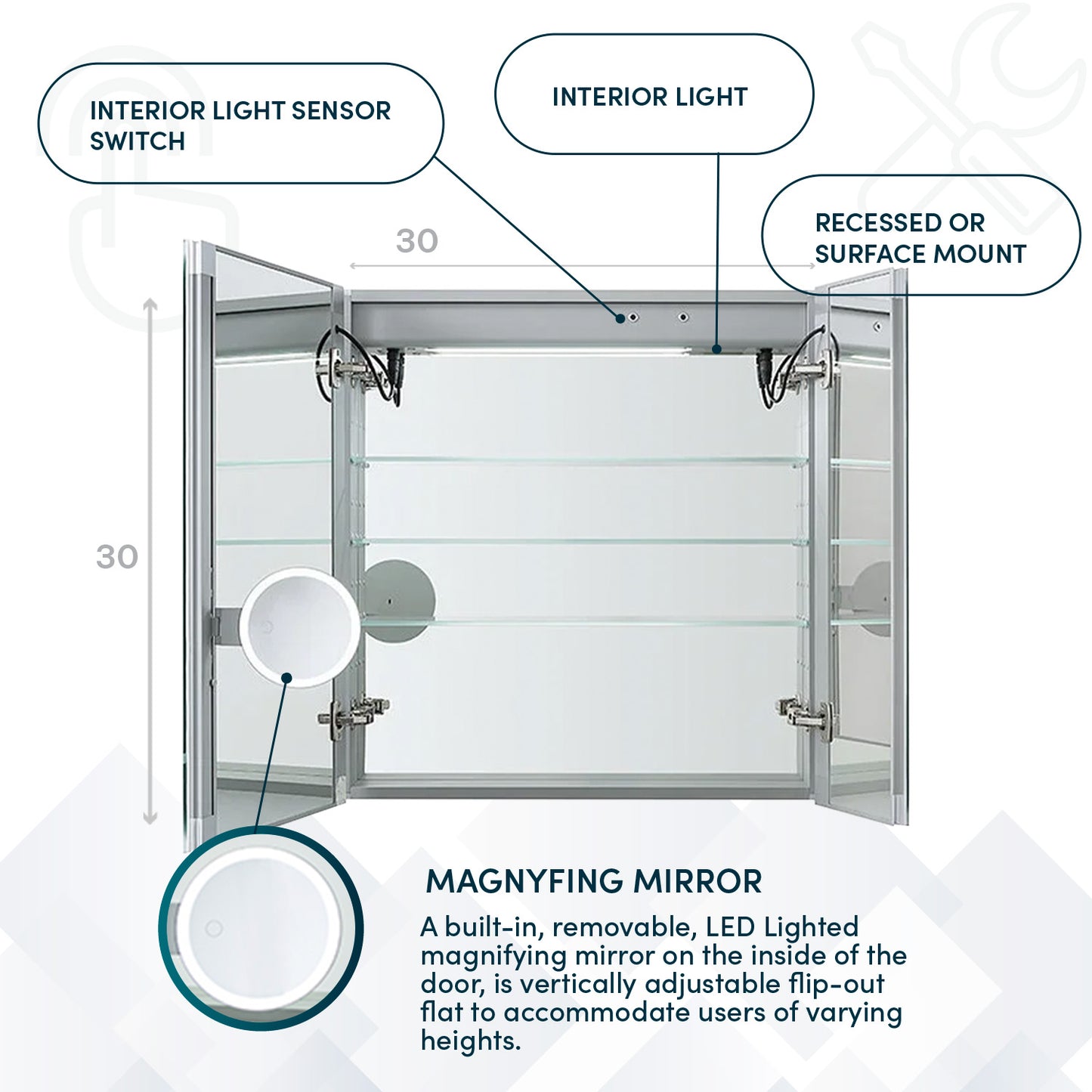 Signature Royale 30" LED Medicine Cabinet Defogger, Adjustable Magnifying Mirror