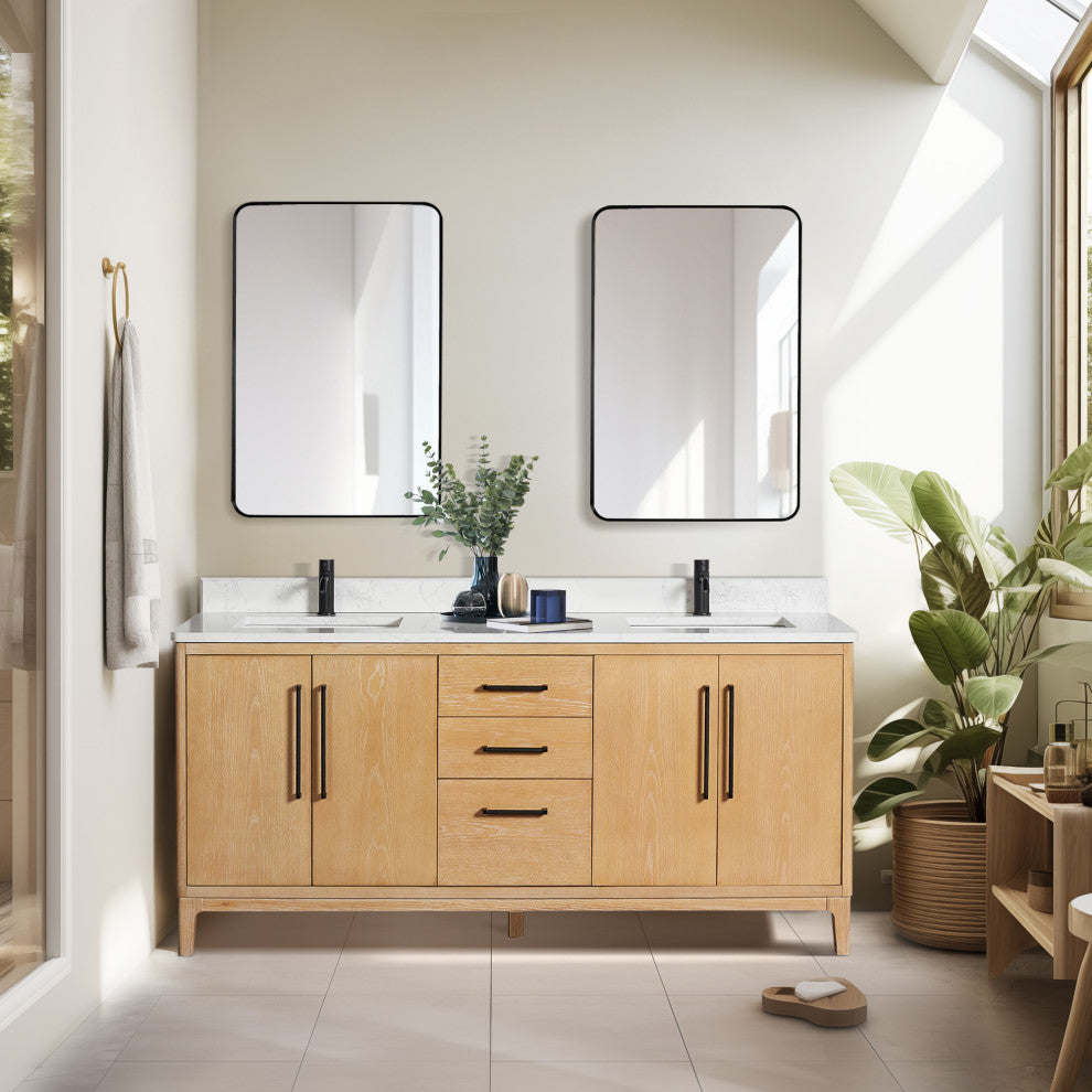 Gara Bath Vanity, Stone Top, Washed Ash Grey, 72", Double Vanity, No Mirror