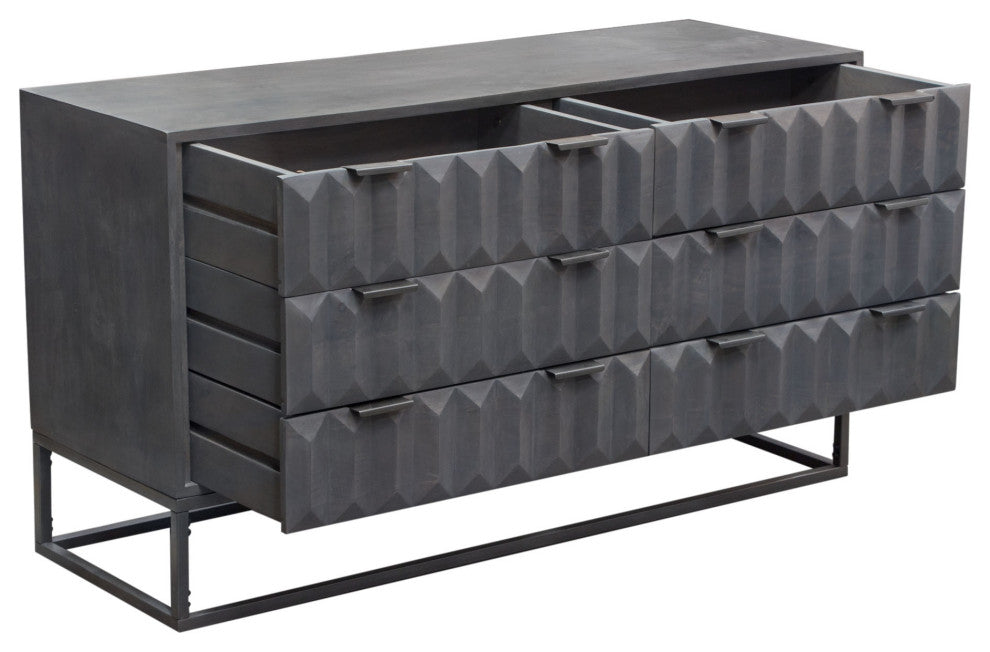 6-Drawer Solid Mango Wood Dresser in Smoke Grey Finish Gun Metal Finished Legs