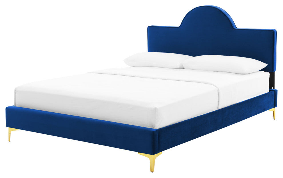 Platform Bed Frame, King Size, Blue Navy, Velvet, Modern, Bedroom Guest Suite
