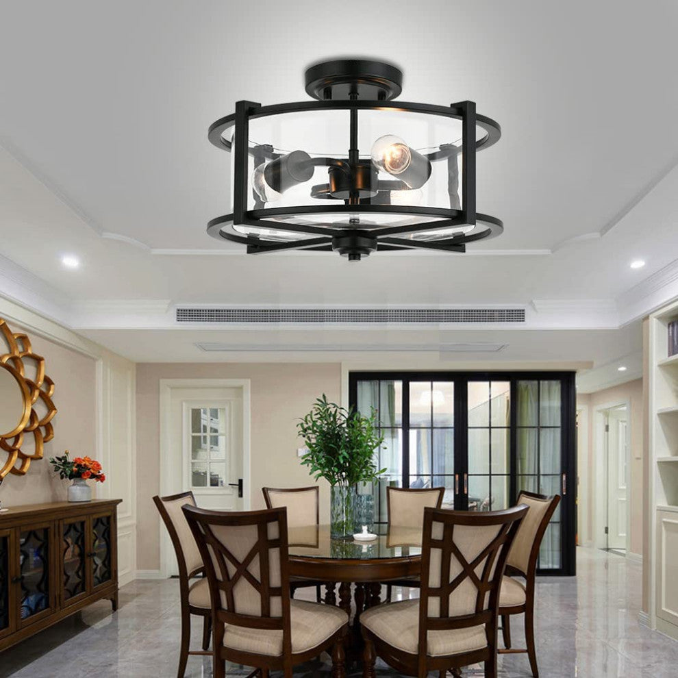 3 Light Industrial Semi Flush Ceiling Light, Farmhouse, Black