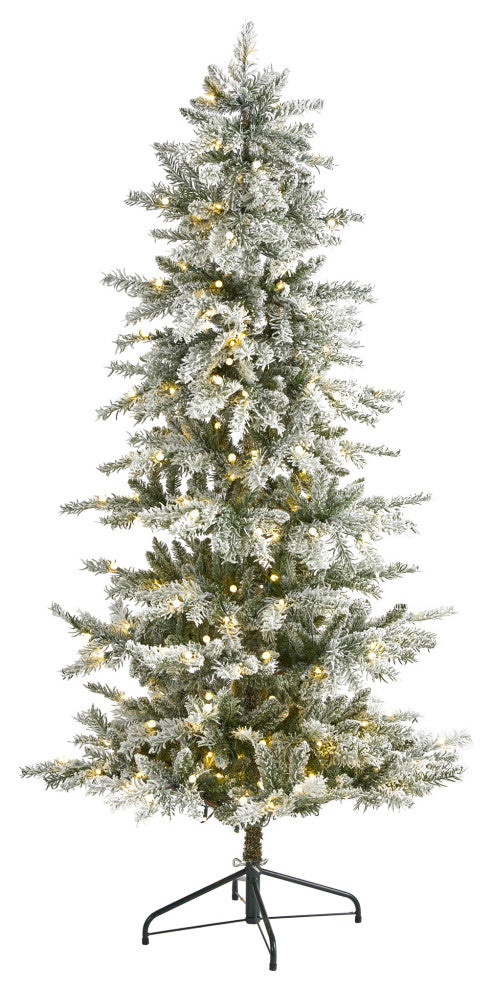 6.5' Slim Flocked Nova Scotia Spruce Faux Xmas Tree W/Lights & Bendable Branches