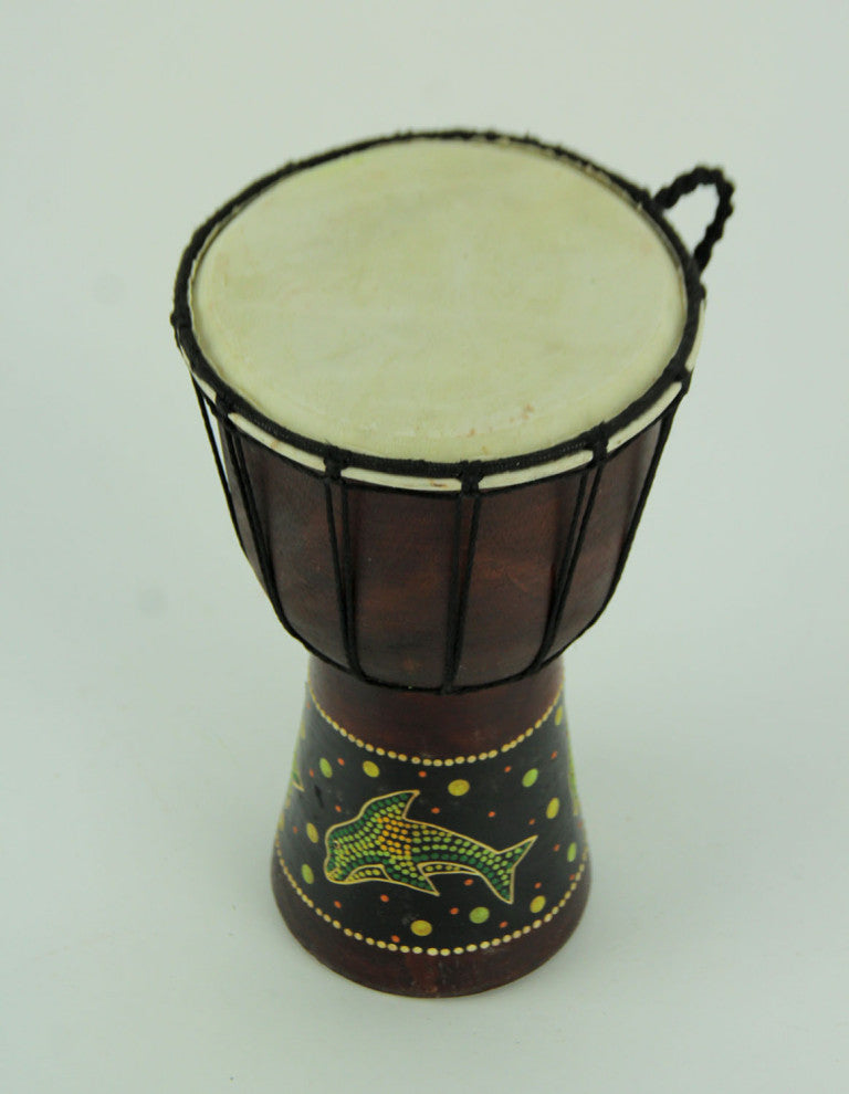 Aboriginal Dot Painted Dolphin Wooden Coastal Theme Djembe Drum 11" Tall