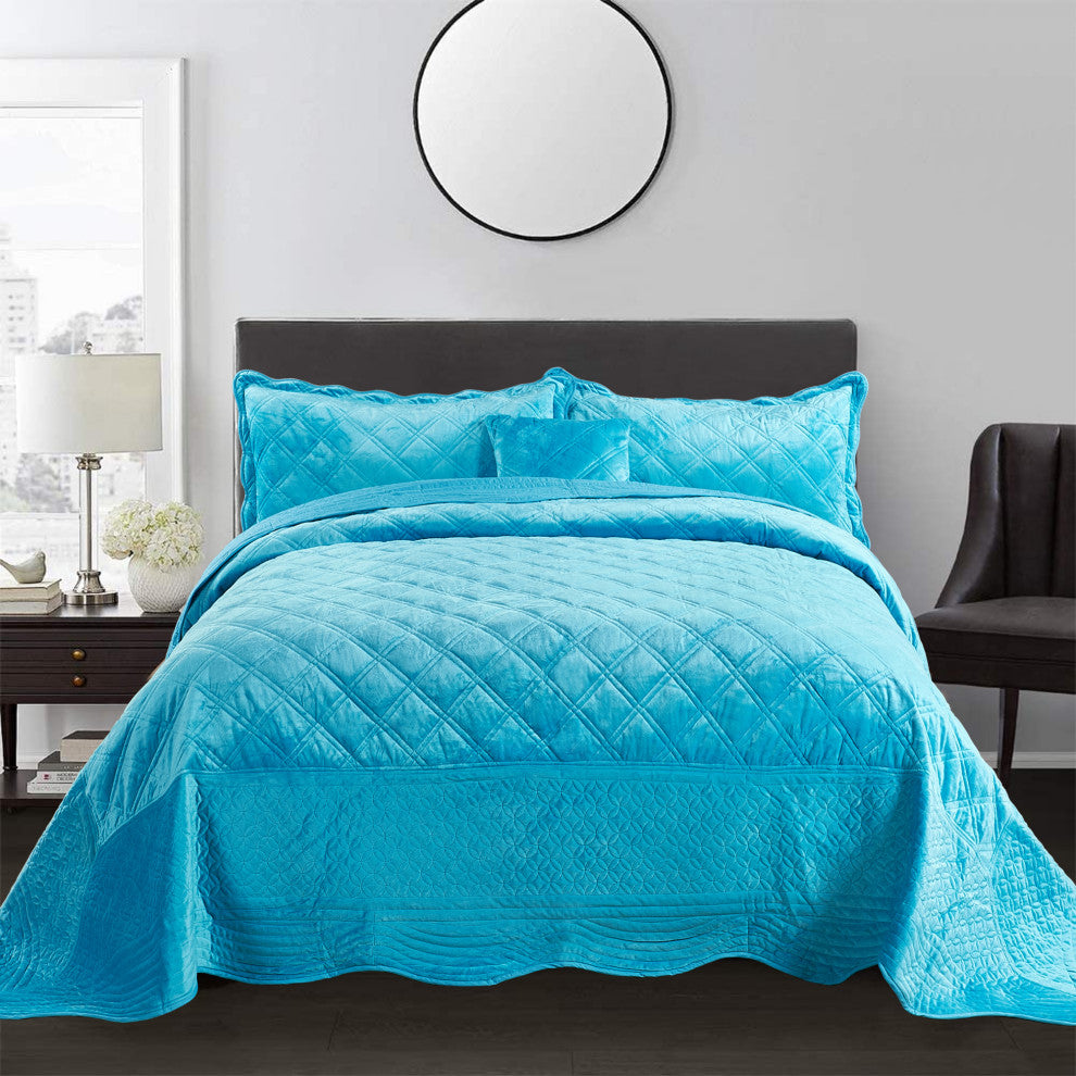 Supersoft Microplush Quilted 4-Piece Bed Spread Set, Scuba Blue, Queen