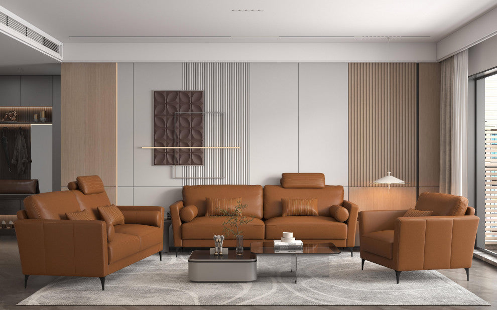 ACME Tussio Sofa With 5 Pillows, Leather, Saddle Tan