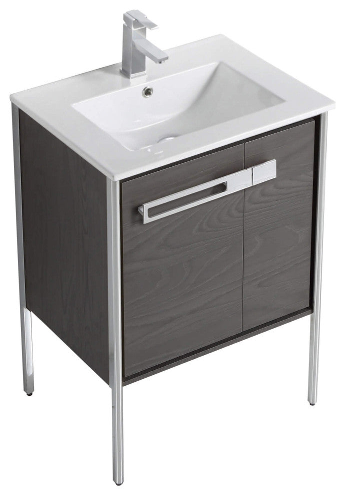 Oakville Bath Vanity, Ceramic Sink, Black Coal Oak, 24 Inch, Chrome Hardware