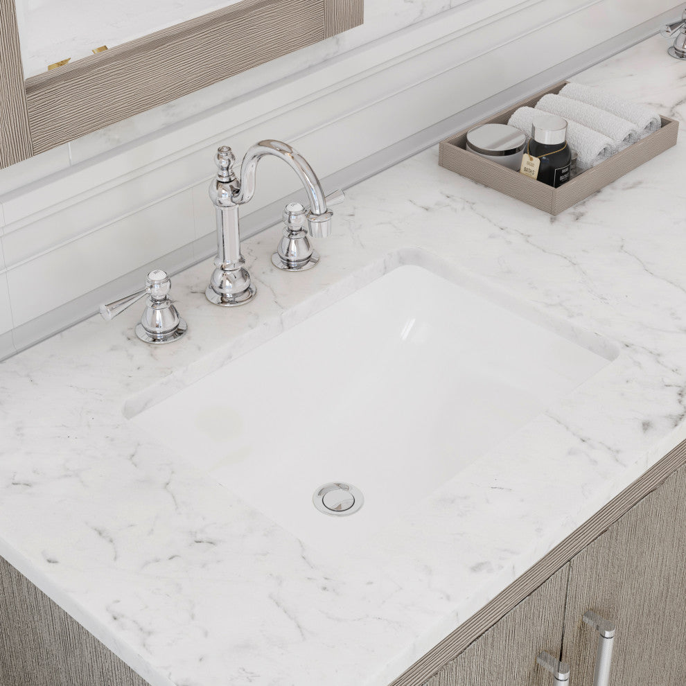 Hugo 72 Double Sink White Marble Countertop Vanity, Gray Oak With Hook Faucets