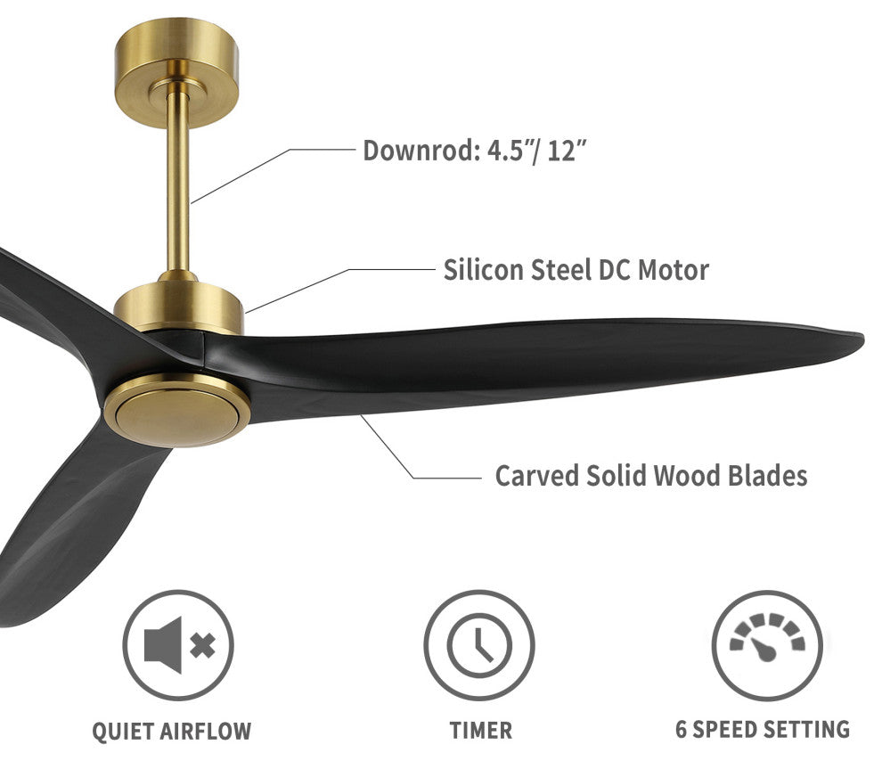 60" 3-Blade Reversible DC Motor Ceiling Fan With Remote, Gold/Black