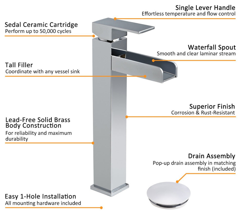 Contemporary Single Handle Waterfall Spout Bathroom Vessel Sink Faucet, Chrome
