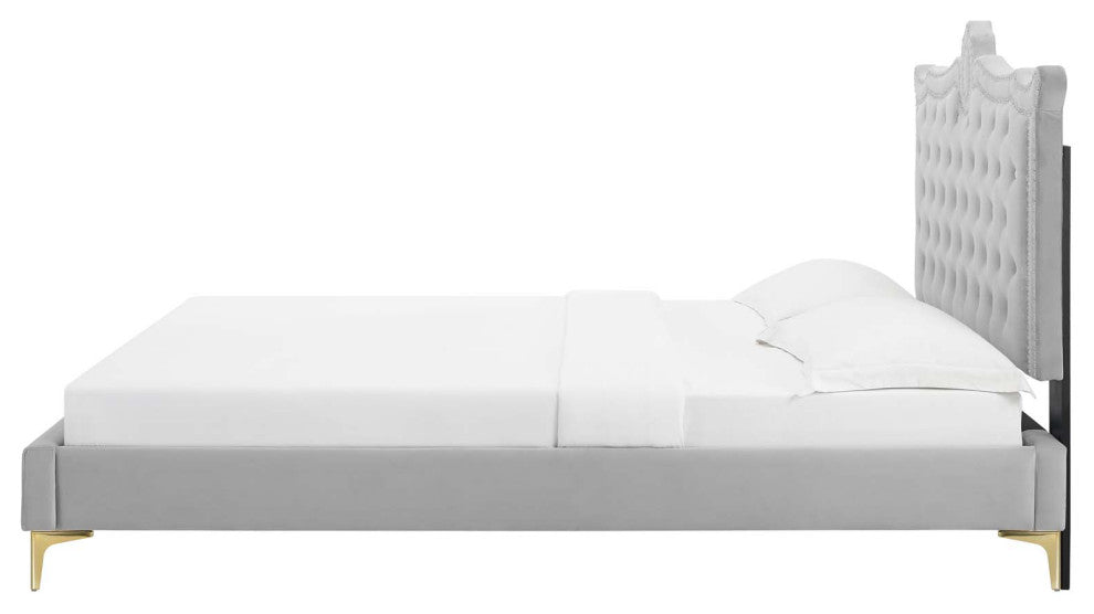 Platform Bed Frame, Nailhead, Queen Size, Gray, Velvet, Modern