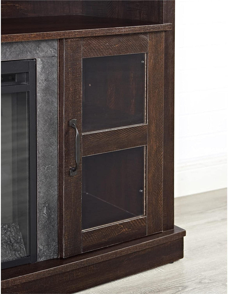 Transitional TV Stand, Fireplace With Faux Stone Surrounding Accent, Espresso