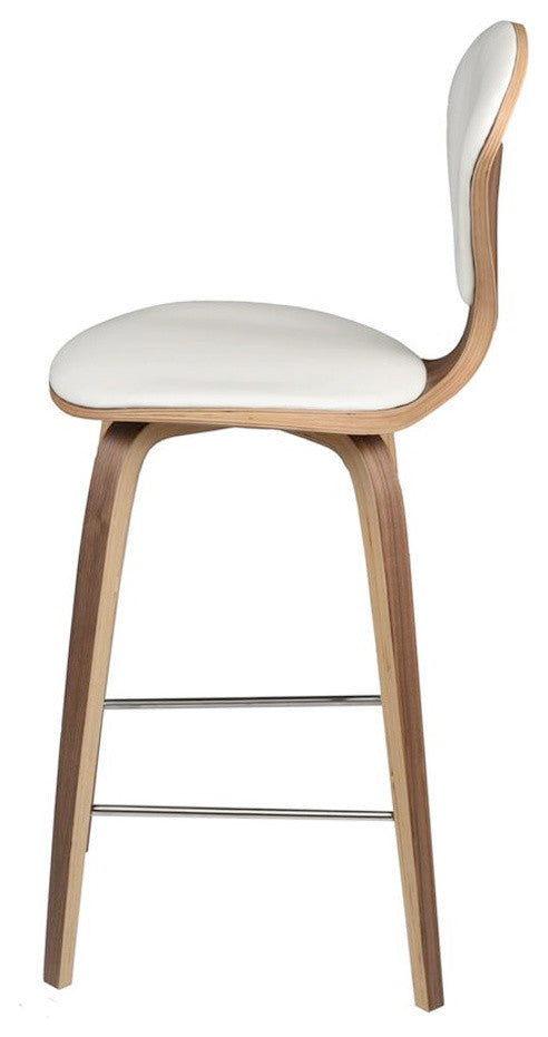 Satine Bar Stool, Molded Plywood Barstool, Leather Seat, Walnut Frame, White