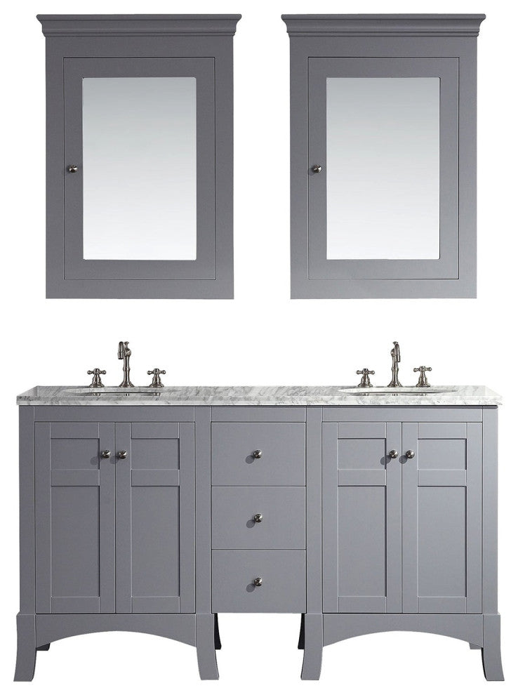 Eviva New York 60" Gray Bathroom Vanity, With White Marble Carrera Top and Sink