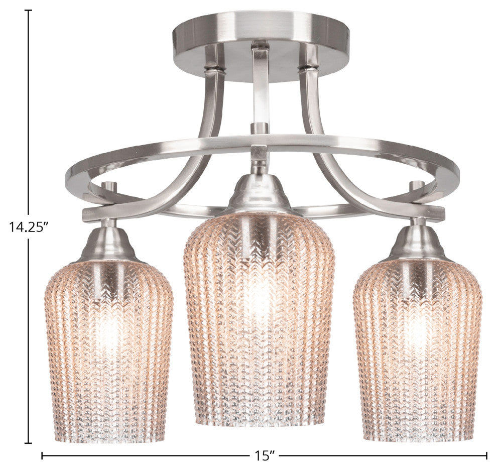 Paramount 3-Light Semi-Flush Light, Brushed Nickel, 5" Silver Textured Glass