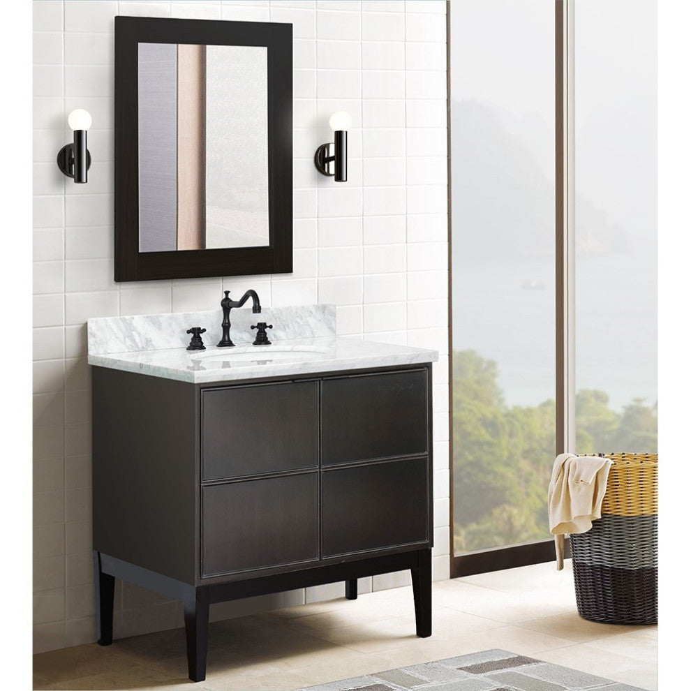 37" Single Vanity, Cappuccino Finish With White Carrara Top And Oval Sink