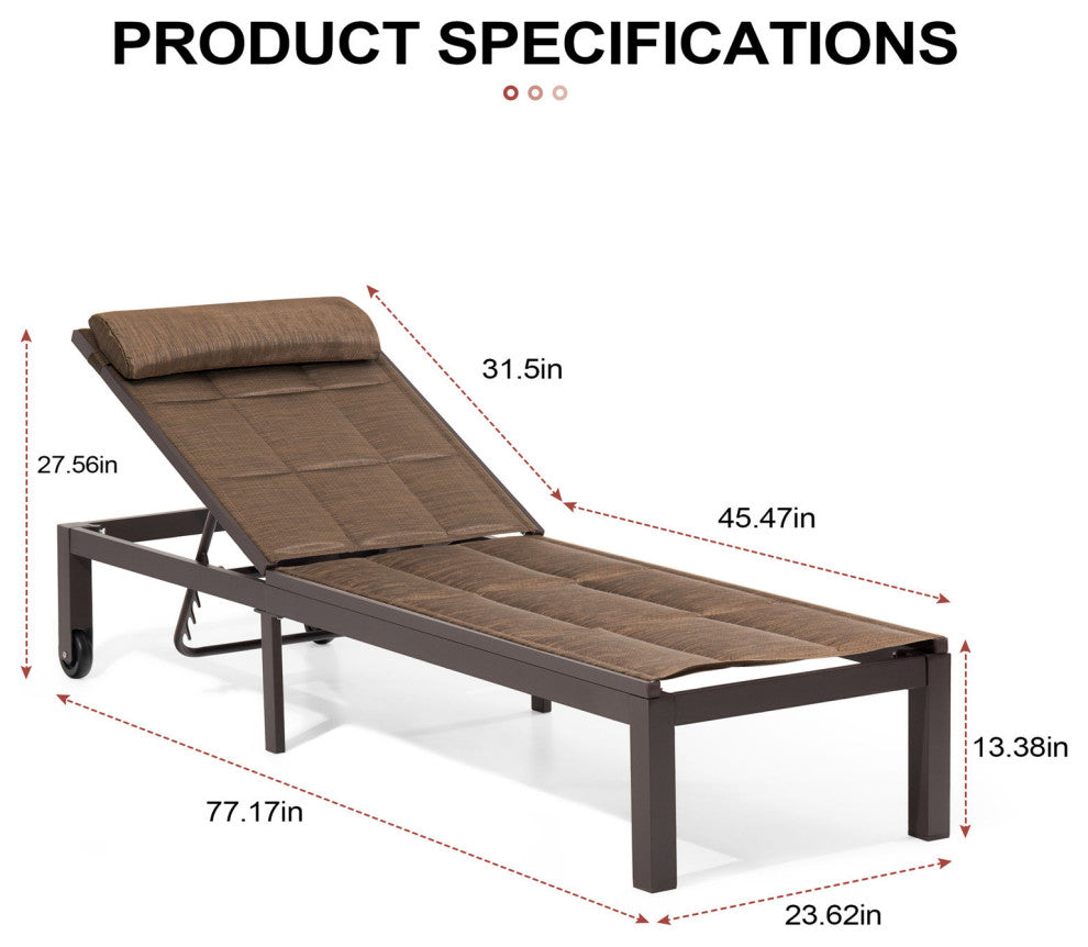 Outdoor Adjustable Quilted Chaise Lounge Chair with Wheels (Set of 2), Brown