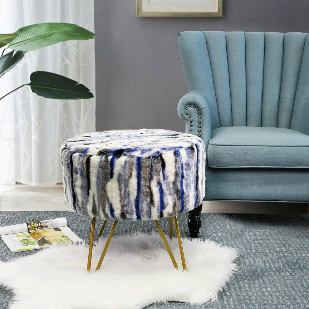 Multi Jacquard Faux Fur Round Ottoman, Blue, 18"x18"x8"