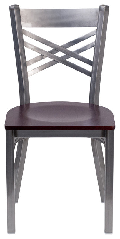 Clear Metal Restaurant Chair, Mahogany Wood Seat/Clear Coated Metal Frame