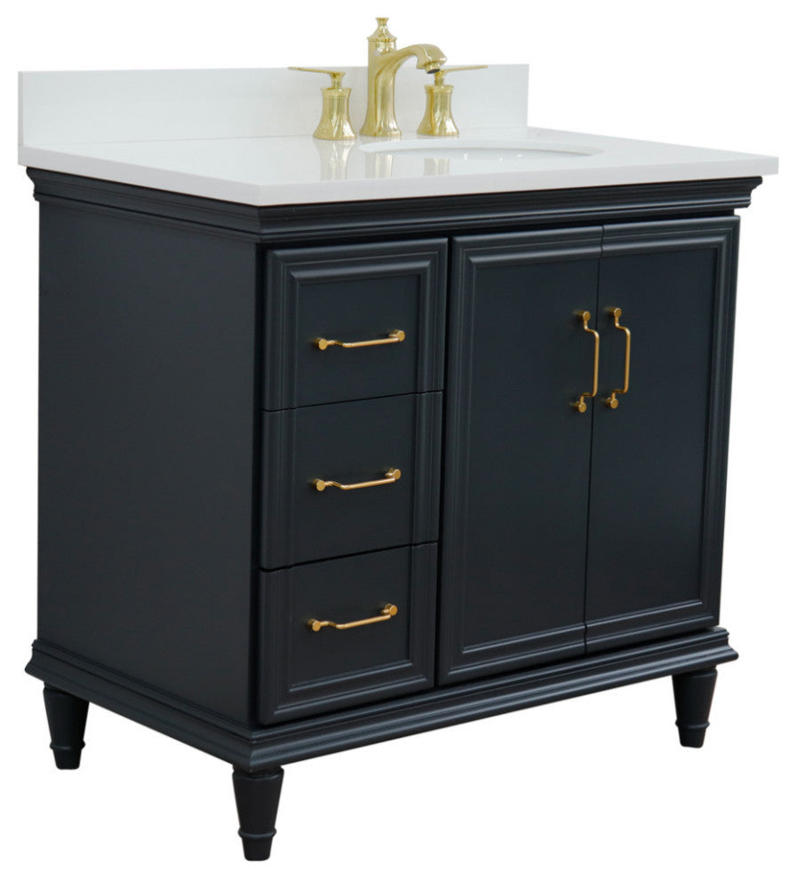 37" Single Vanity, Dark Gray Finish With White Engineered Stone Top