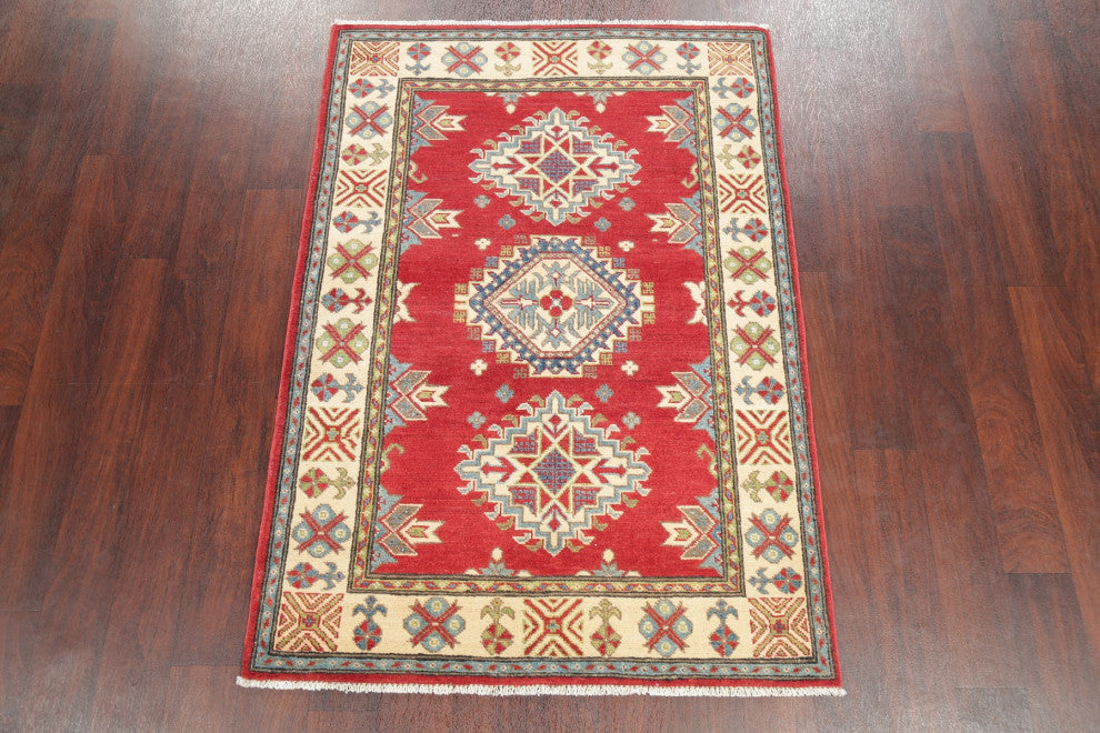 Hand Made Kazak Oriental Traditional Pakistani Area Rug, Red, 4'11"x3'5