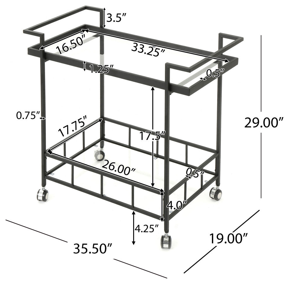 GDF Studio Selma Outdoor Black Powder Coated Iron Bar Cart With Tempered Glass