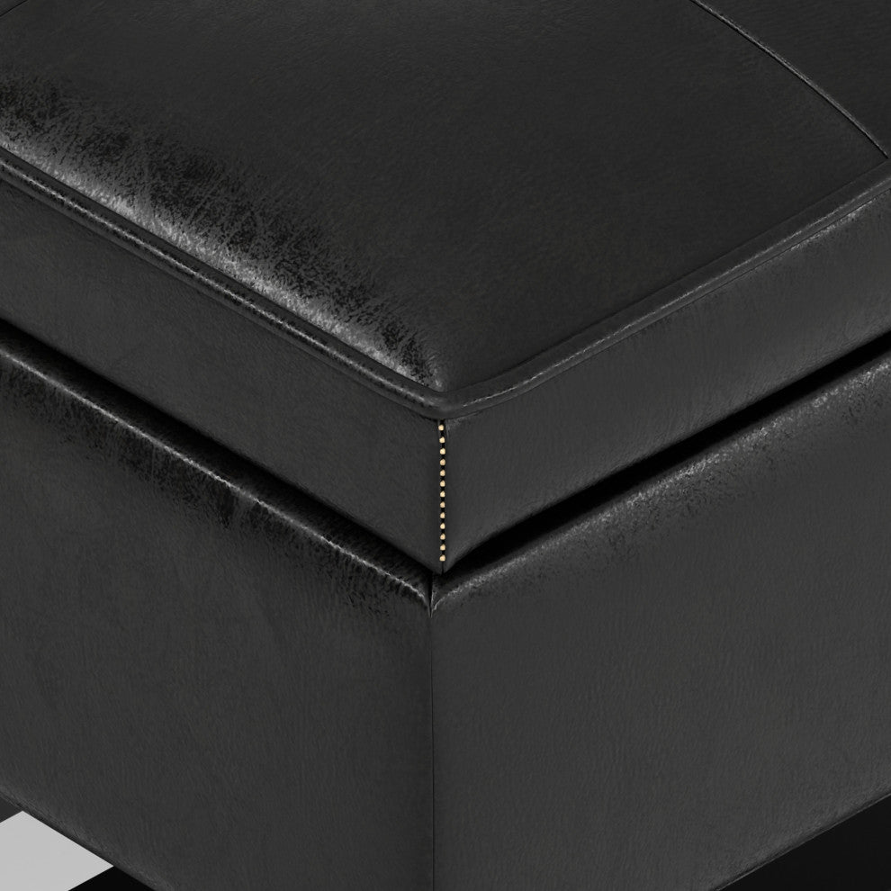 Cosmopolitan Storage Ottoman Bench With Open Bottom, Distressed Black Faux Leather
