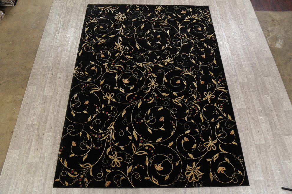 Modern Nature & Floral Carpet Transitional Turkish Area Rug, Black, 8x11