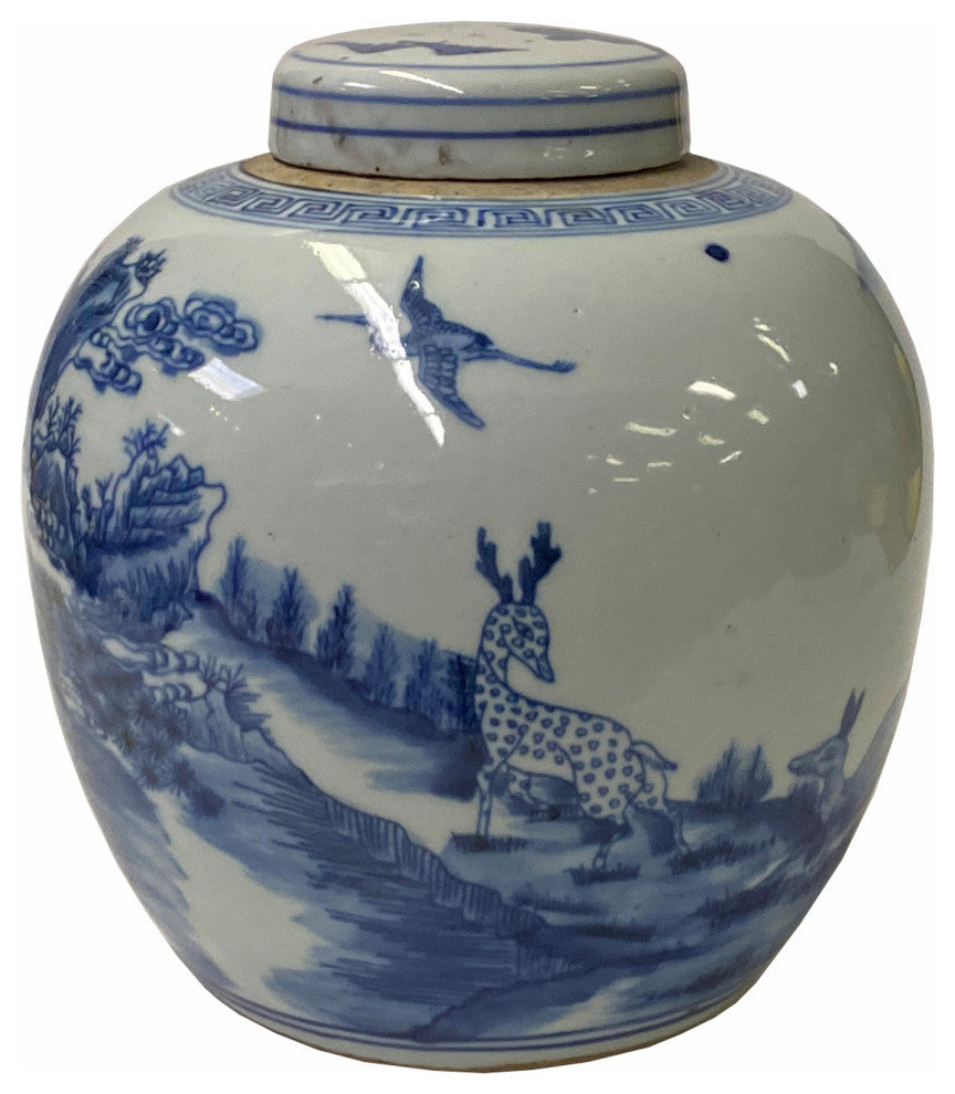Hand-paint Longevity Crane Graphic Blue White Porcelain Ginger Jar Hws1749