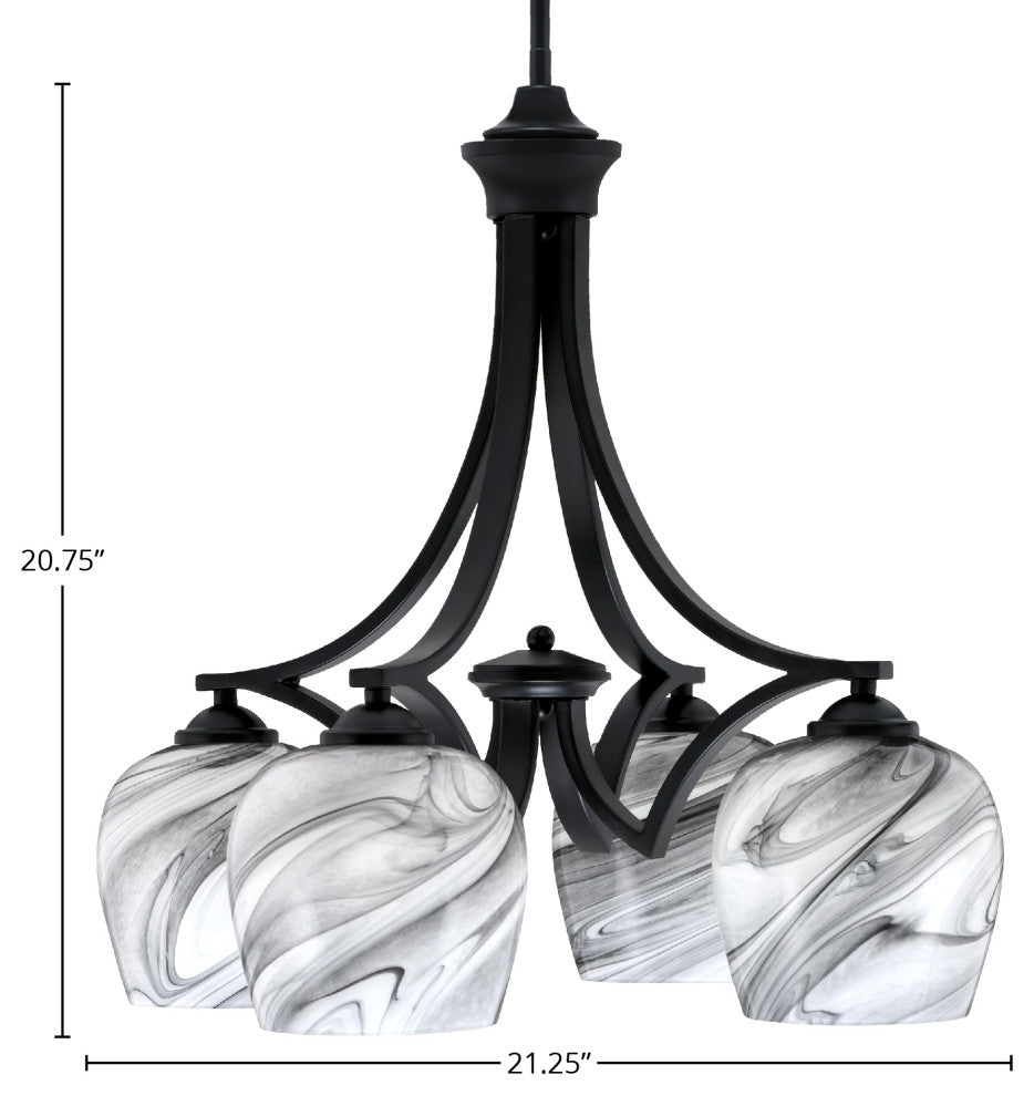 Zilo Downlight, 4 Light, Chandelier, Matte Black Finish, 6" Onyx Swirl Glass