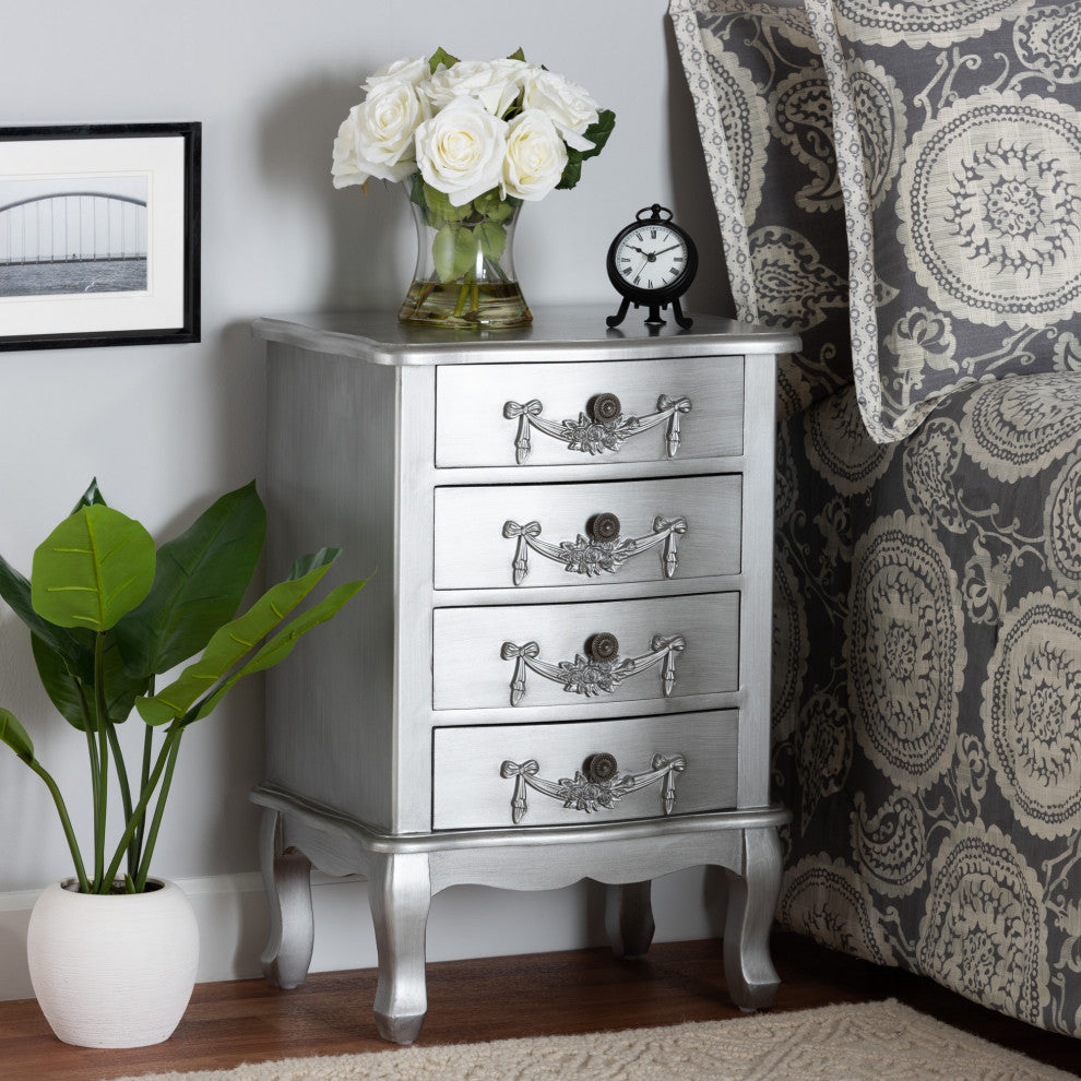 Callen Classic and Traditional Brushed Silver Finished Wood 4-Drawer Nightstand