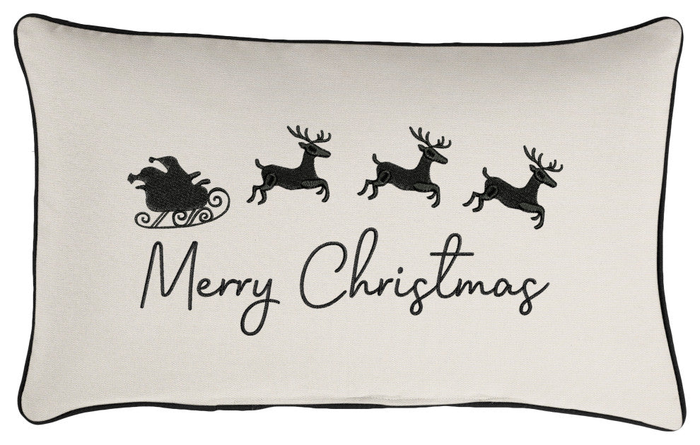 Merry Christmas Reindeer Sunbrella Canvas Natural/Black Outdoor Pillow, 13x20