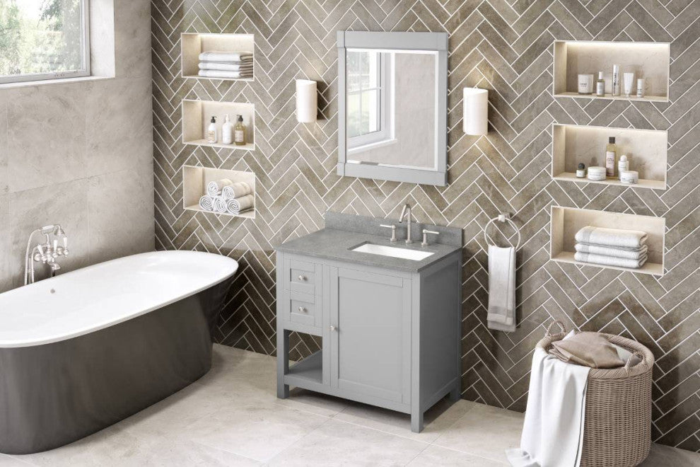 Astoria Transitional 36" Grey Right Offset Sink Vanity, Steel Grey Cultured Marb