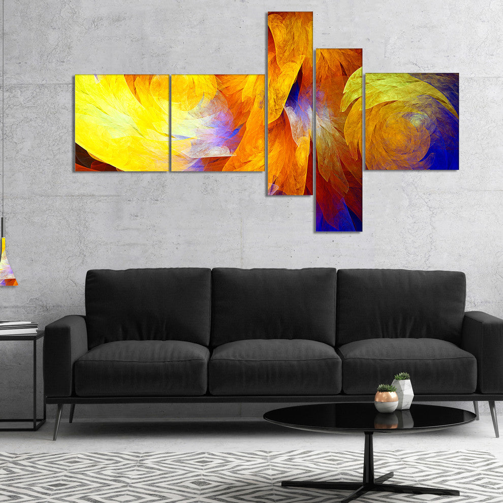 Yellow Fractal Abstract Pattern, Abstract Art on Canvas, 60"x32", 5 panels