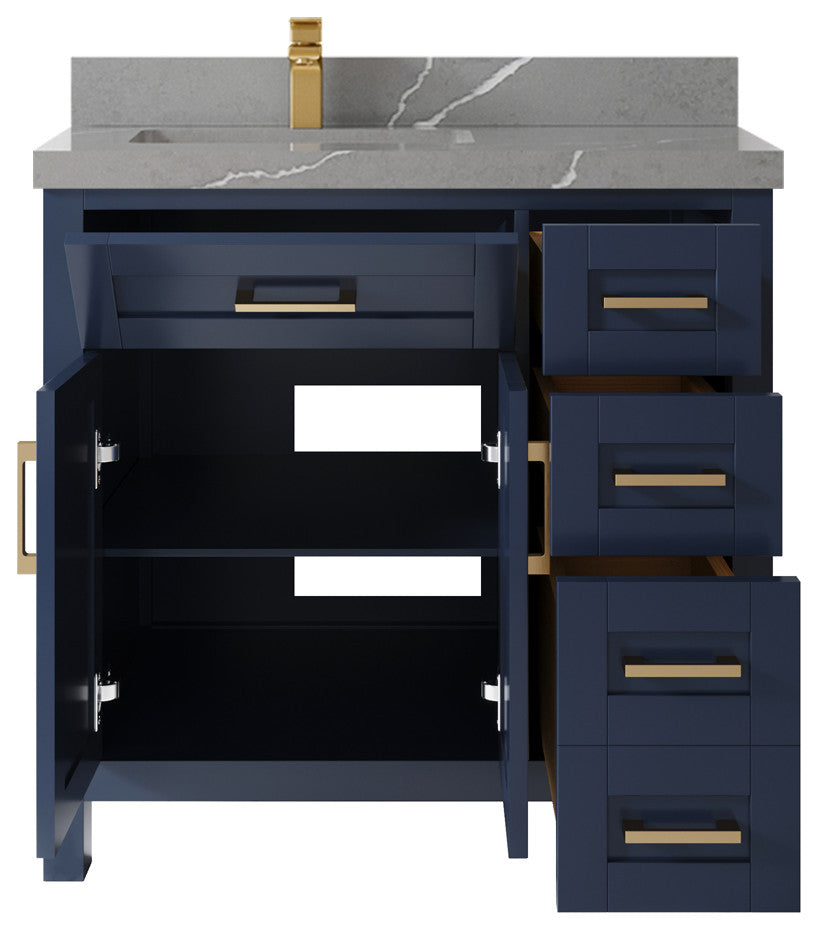 Cambridge 36 Left Offset Bath Vanity in Hale Navy Blue 2" Piatra Gray