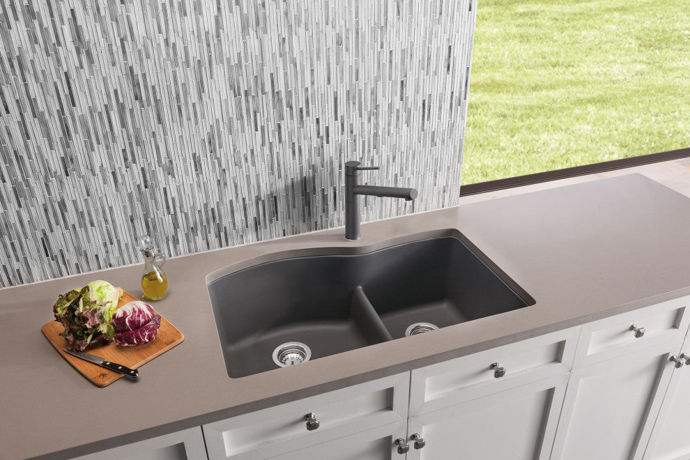 Blanco Diamond 32" X 20.9" Double Bowl Undermount 2-Hole Kitchen Sink, Cinder