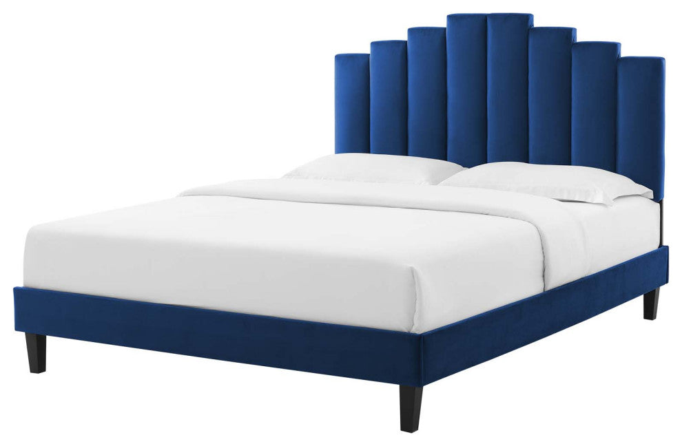 Platform Bed Frame, Queen Size, Velvet, Blue Navy, Modern Contemporary, Bedroom