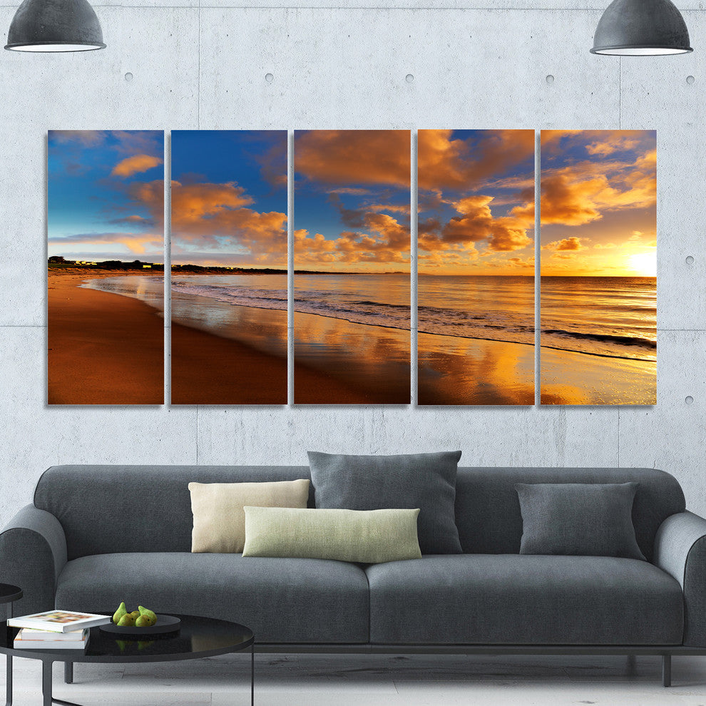 Colorful Sunset on the Beach, Landscape Canvas Art Print, 60"x28", 5 Panels
