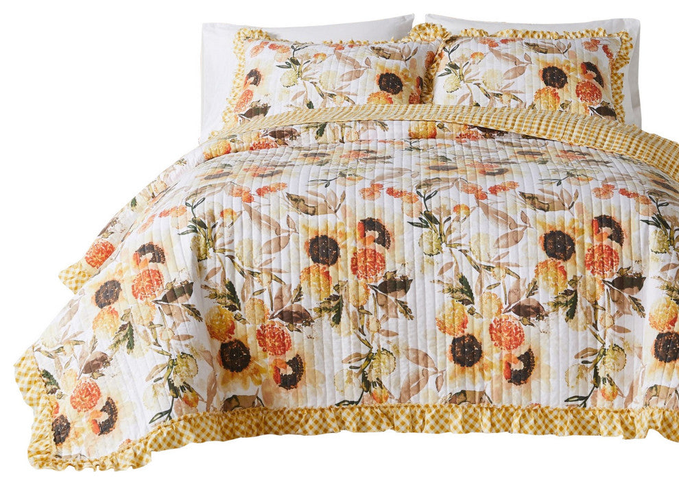 Benzara BM293498 Twin Quilt Set With Pillow Sham, Cotton, Ruffled Border, Gold
